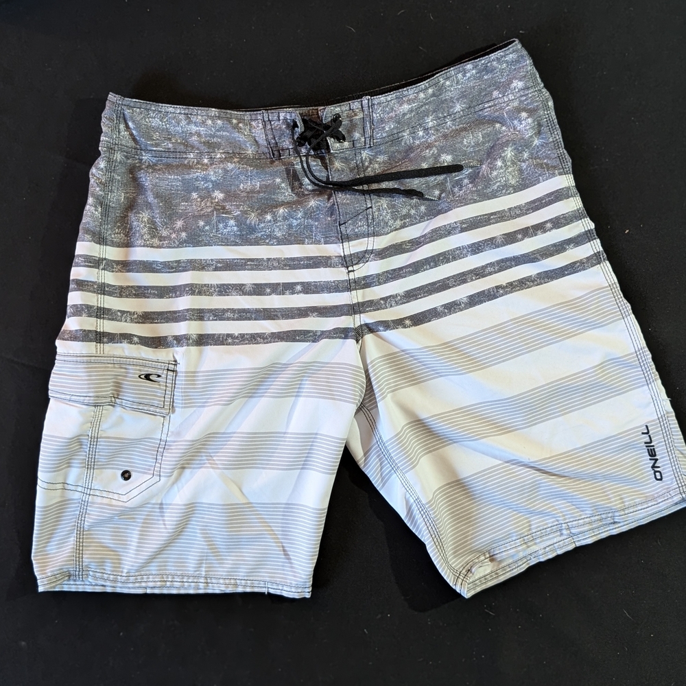 Men’s size 36 O'Neill Board Shorts Striped Gray White Black Regular Drawstring